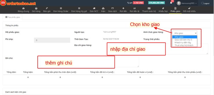 tao phieu giao hang