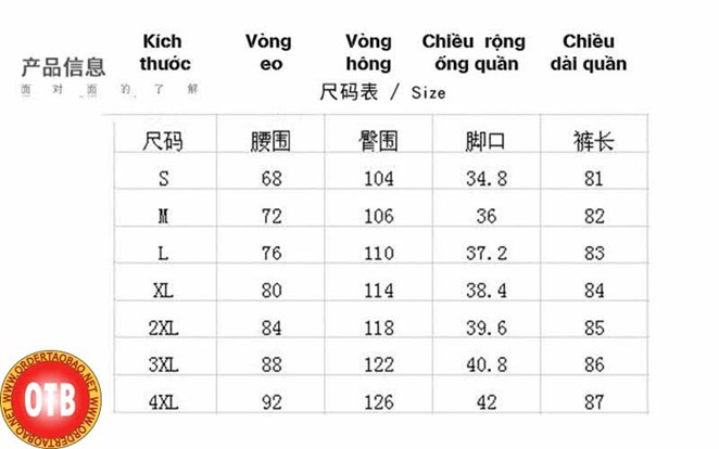 bảng size quần áo Trung Quốc