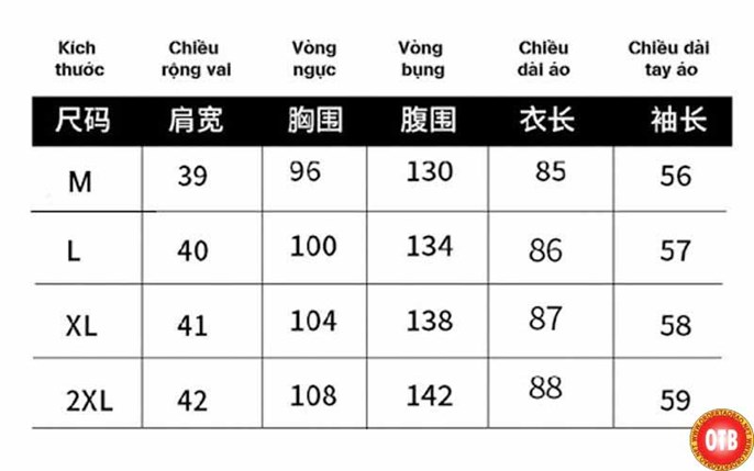 bảng size quần áo Trung Quốc